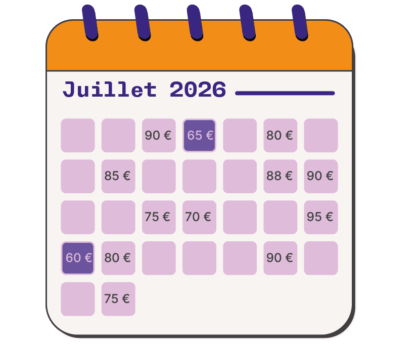 A July calendar whose days carry different prices, from €60 to €95