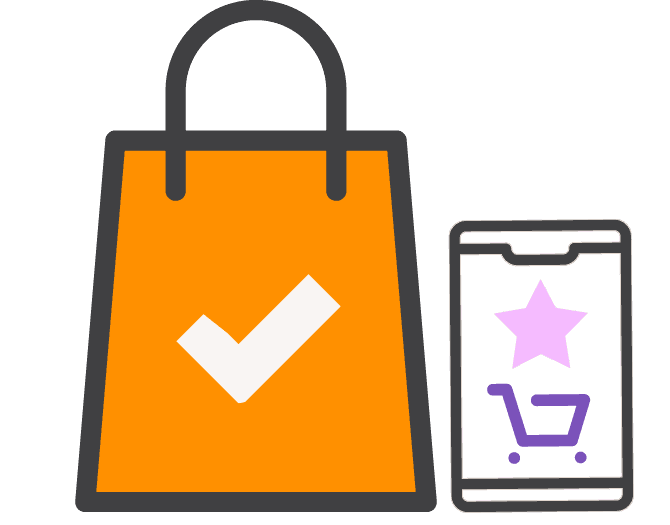 Confirmed shopping bag beside a phone showing a cart