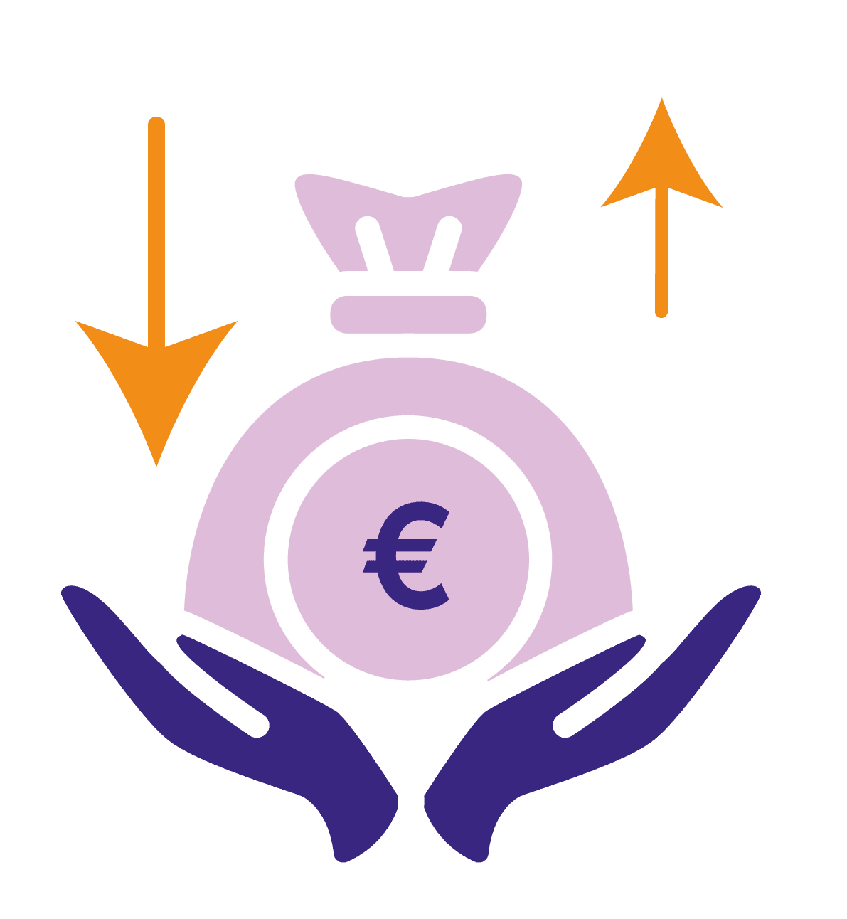 Hands holding a bag of euros between a rising and a falling arrow