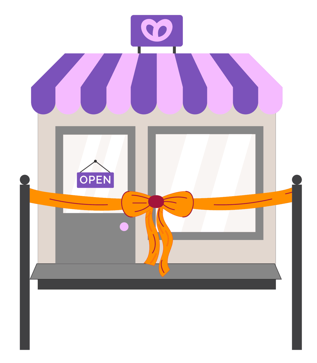 Shop front with an “Open” sign and an opening ribbon