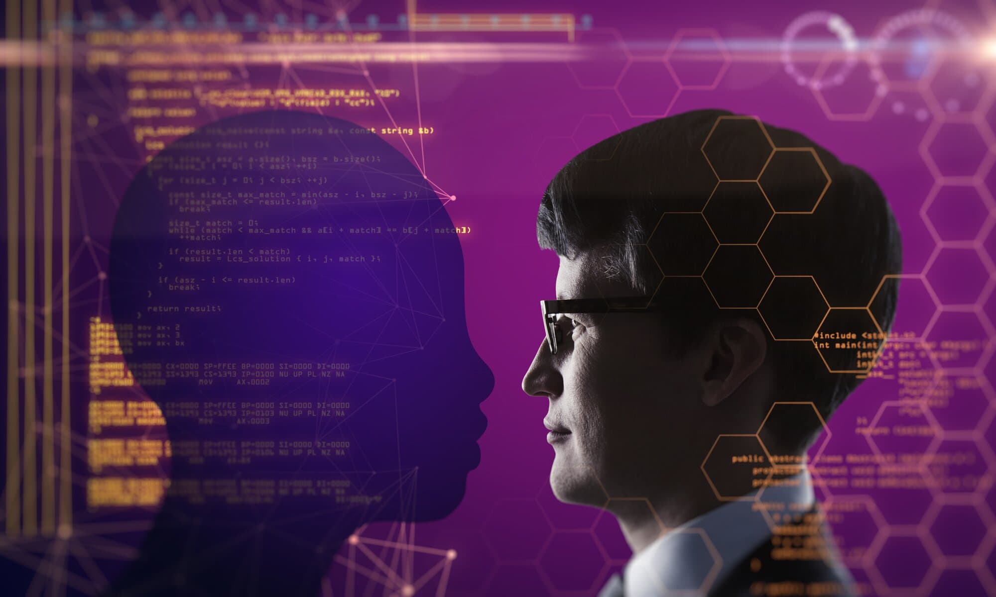 A man's profile facing a silhouette filled with lines of code