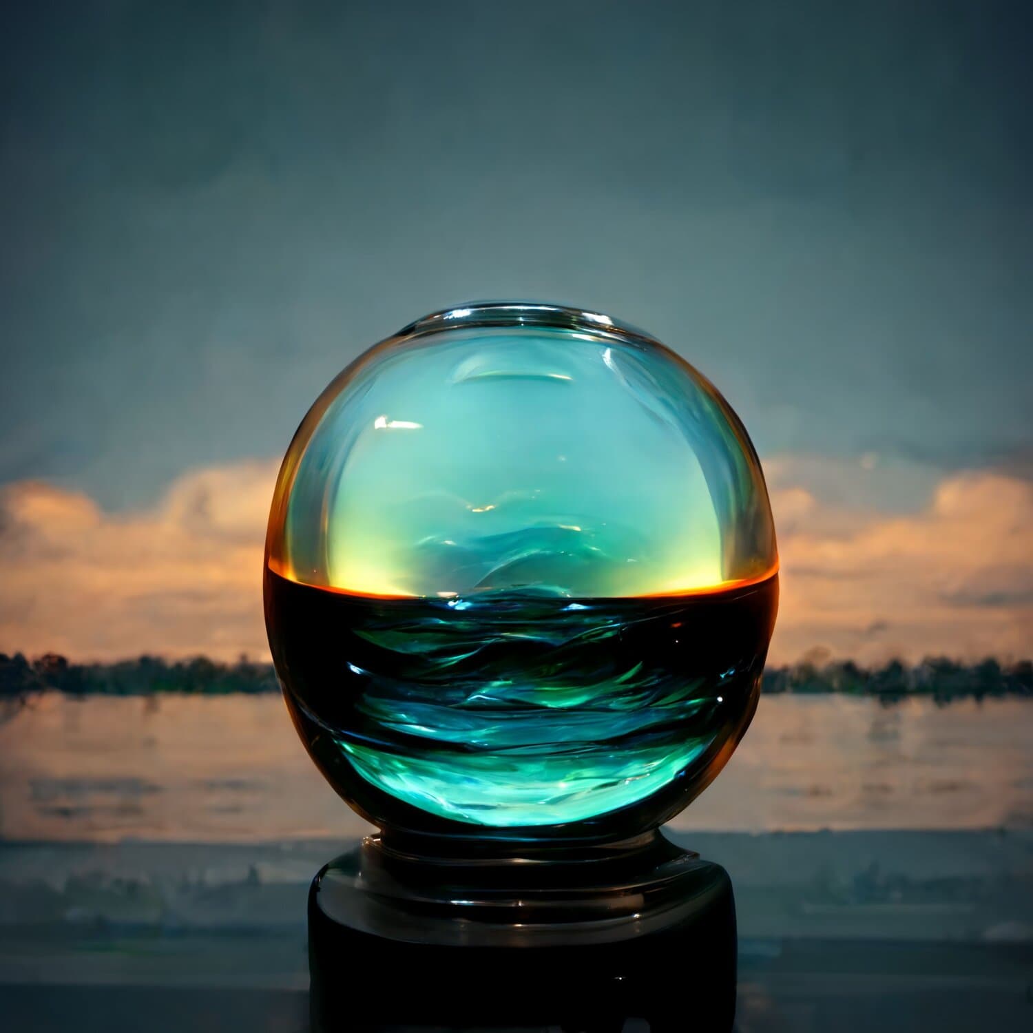 Boule de verre posée face à un coucher de soleil sur l'eau