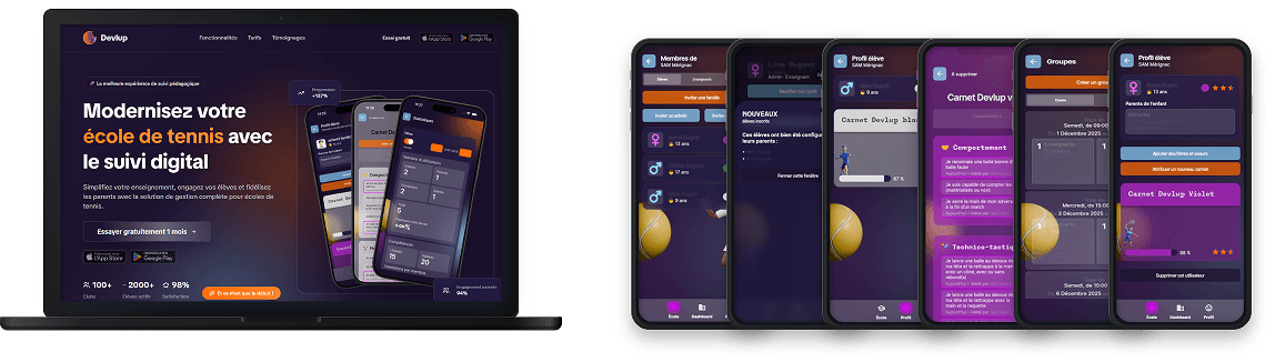DEVLUP app shown on desktop and mobile screens