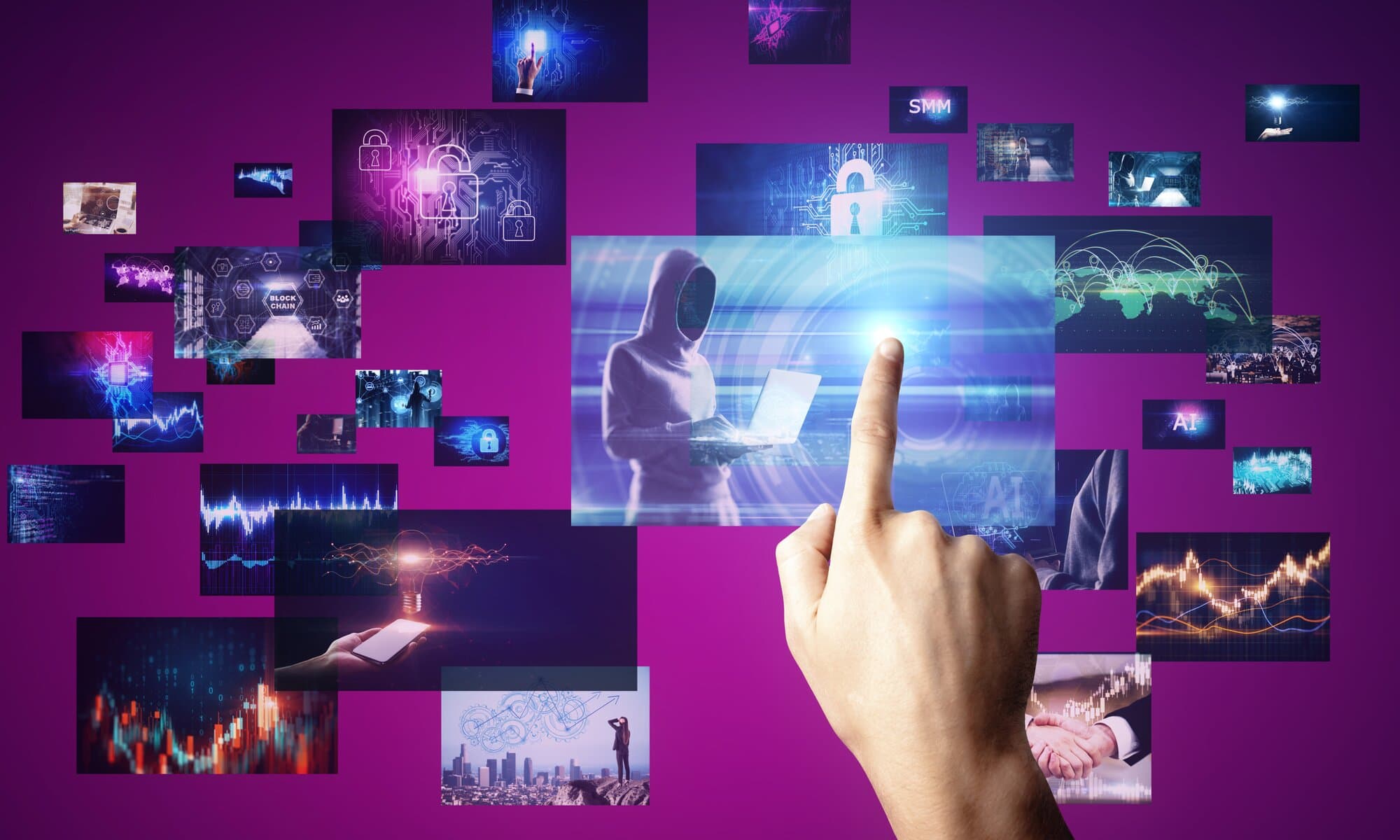 Hand touching a wall of floating screens: security, blockchain, AI and data