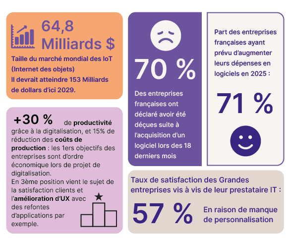 Infographie : marché mondial de l'IoT à 64,8 milliards de dollars (153 milliards attendus d'ici 2029) ; 70 % des entreprises françaises déçues après l'acquisition d'un logiciel ; 71 % prévoient d'augmenter leurs dépenses logicielles en 2025 ; +30 % de productivité grâce à la digitalisation ; 57 % de satisfaction des grandes entreprises envers leur prestataire IT, par manque de personnalisation