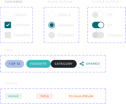 Design system Dynaccess : cases à cocher, boutons radio, tags et statuts