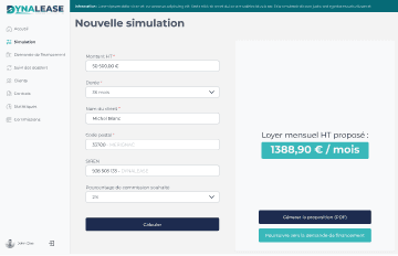 Écran de simulation de loyer dans l’application Dynaccess